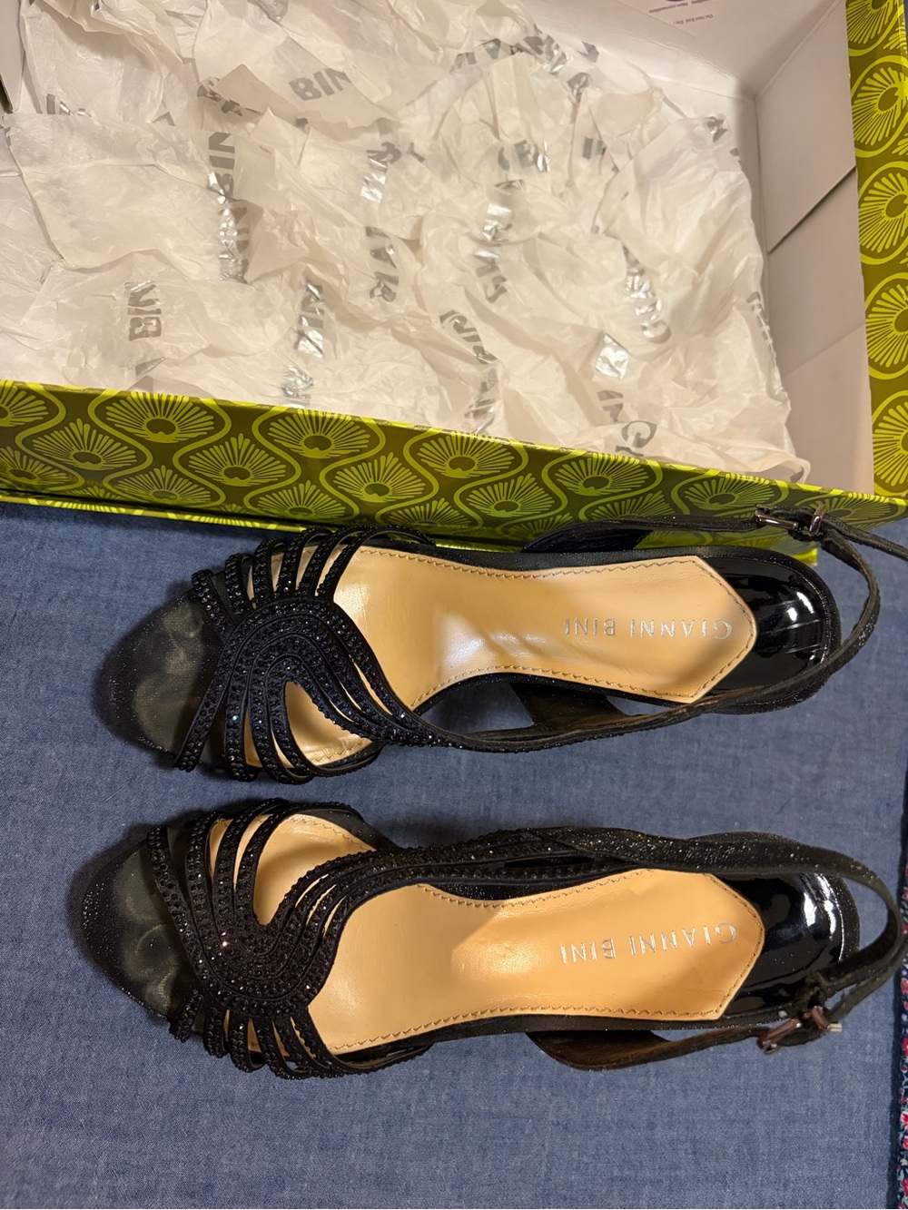 Gianni Bini Black Strappy Open-Toe Heels with Sparkle
